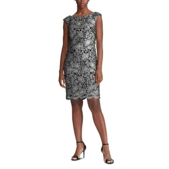 Ralph Lauren Dresses & Skirts - Ralph Lauren Lace Sleeveless Midi Sheath Cocktail Dress Black and Silver Size 6